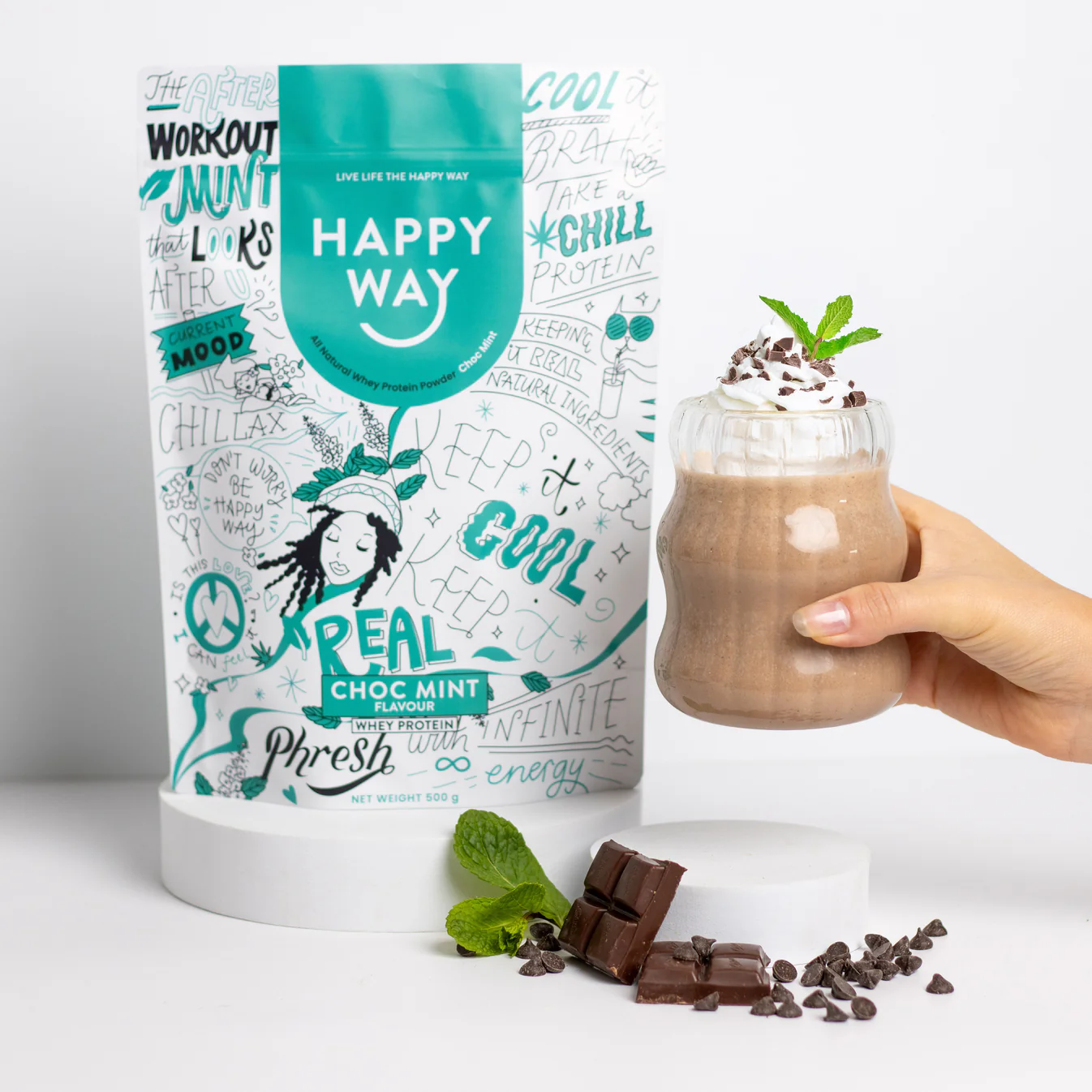 Happy Way Choc Mint Whey Protein Powder 500g